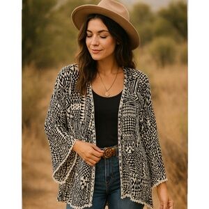 L. Space Ivory Coast‎ Black Boho Open Front Fall Geometric Kimono One Size